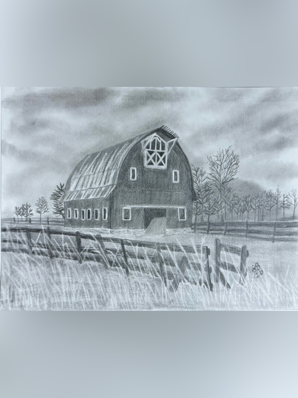 Monochrome Barn Landscape Drawing - Black & Gray “Windswept Wonder”